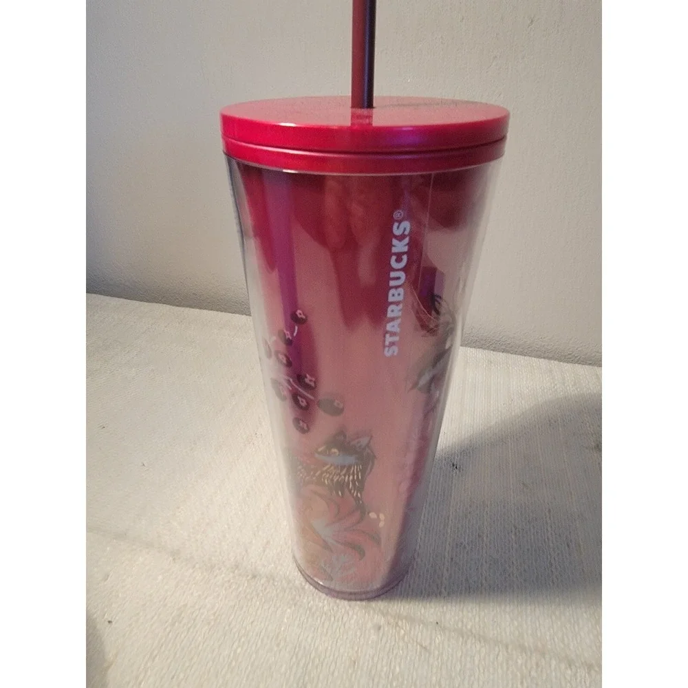 Starbucks‎ 24oz Venti Cold Cup Tumbler 2022 Holiday Enchanted Forest Pearl Red
